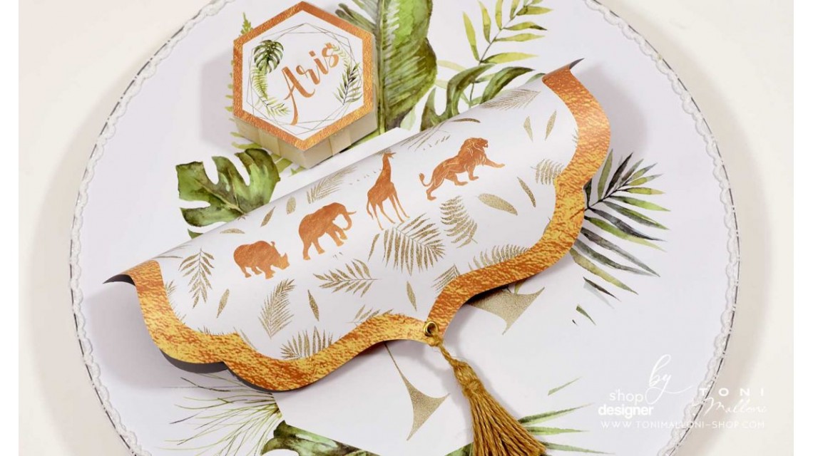 Trusou de botez cu animale gold din jungla si pattern frunze palmier Gold Jungle Tropical 27